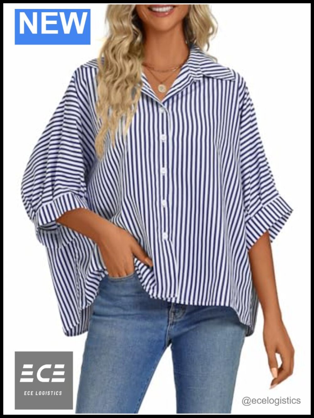 Women's Striped Button Down Blouse V-Neck Loose Fit Casual Top